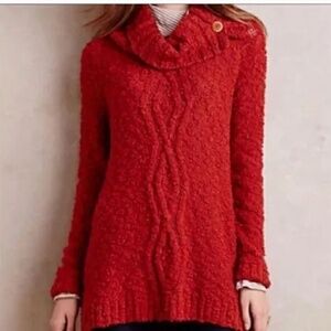 Anthropologie Moth Red Sweater oversized cable knit turtleneck fisherman cowl XS